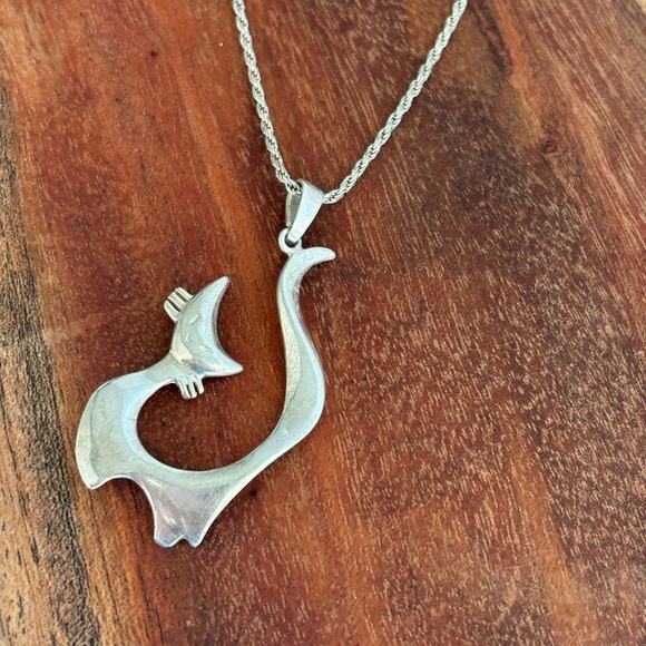 VTG Mid Century Modern 925 Sterling Silver Necklace Abstract Cat Pendant - Picture 4 of 9